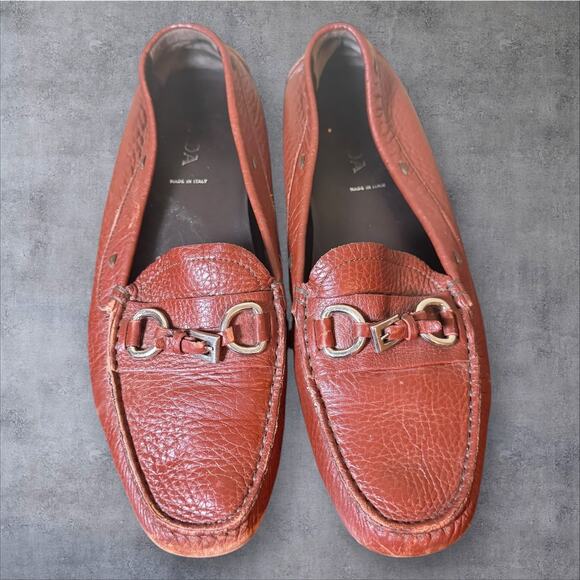 Brown Prada Italy Leather Size 38.5 8.5 5870 Buckle Driving Moccasins Loafers - Picture 1 of 7
